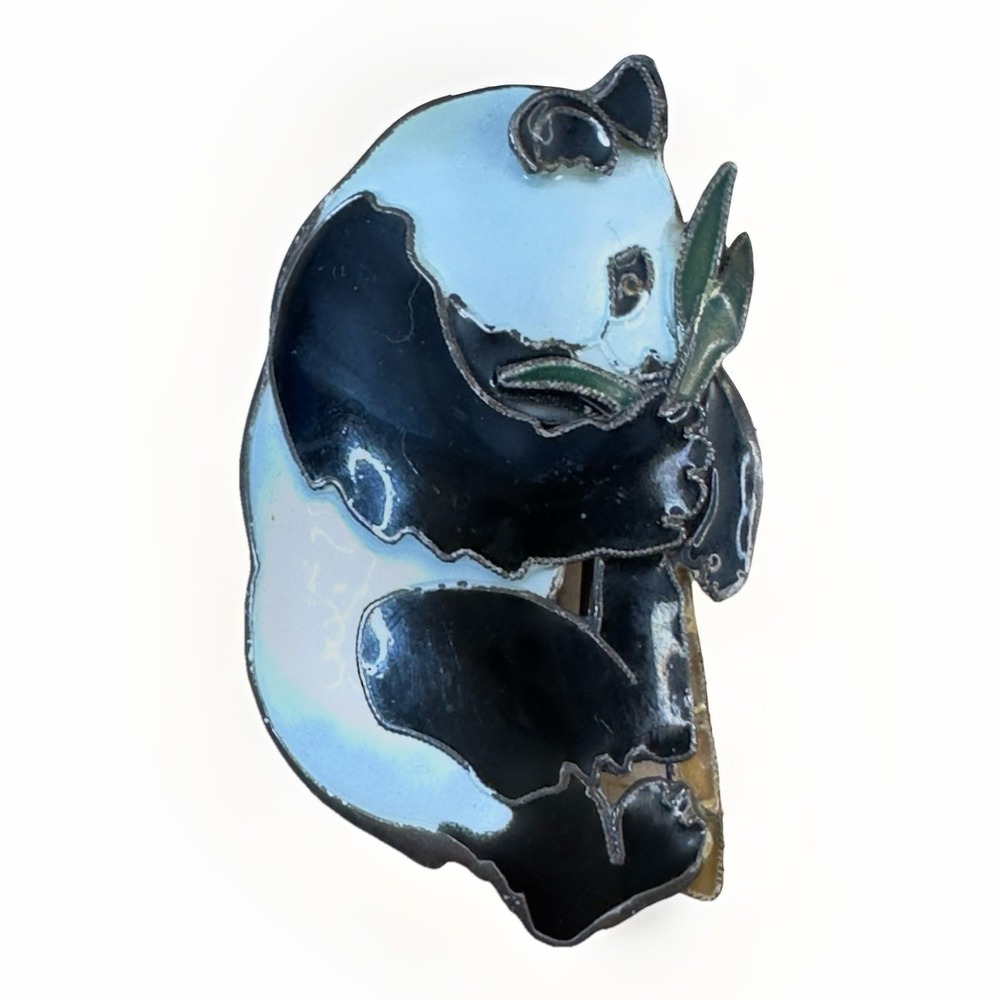 Vintage Sterling Silver 925 & Enamel Brooch Pin Panda Eating Bamboo Whimsical